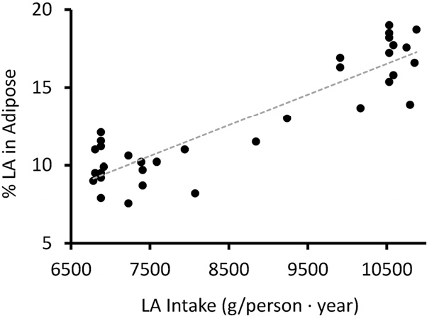 Increase in linoleic acid based on increased intake