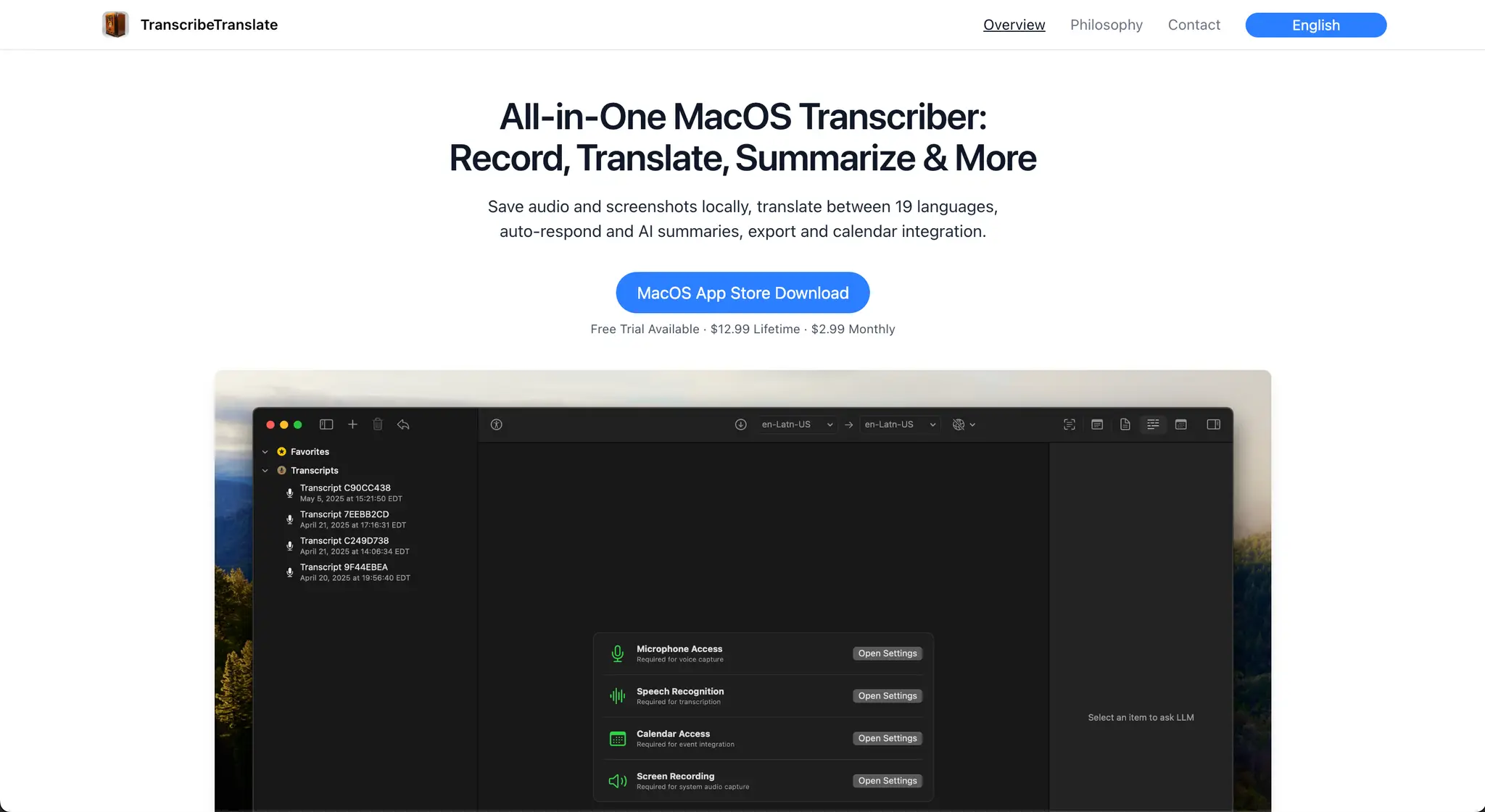 Transcribe translate macOS app screenshot